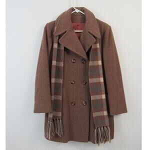 Vintage Union Made Wool Pea Coat Brown Knee Length Plaid Scarf 80's VTG